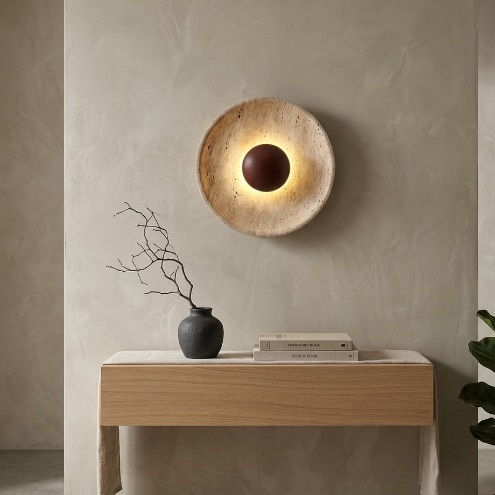 Modern Yellow Travertine Wall Sconce With Wood Base 99