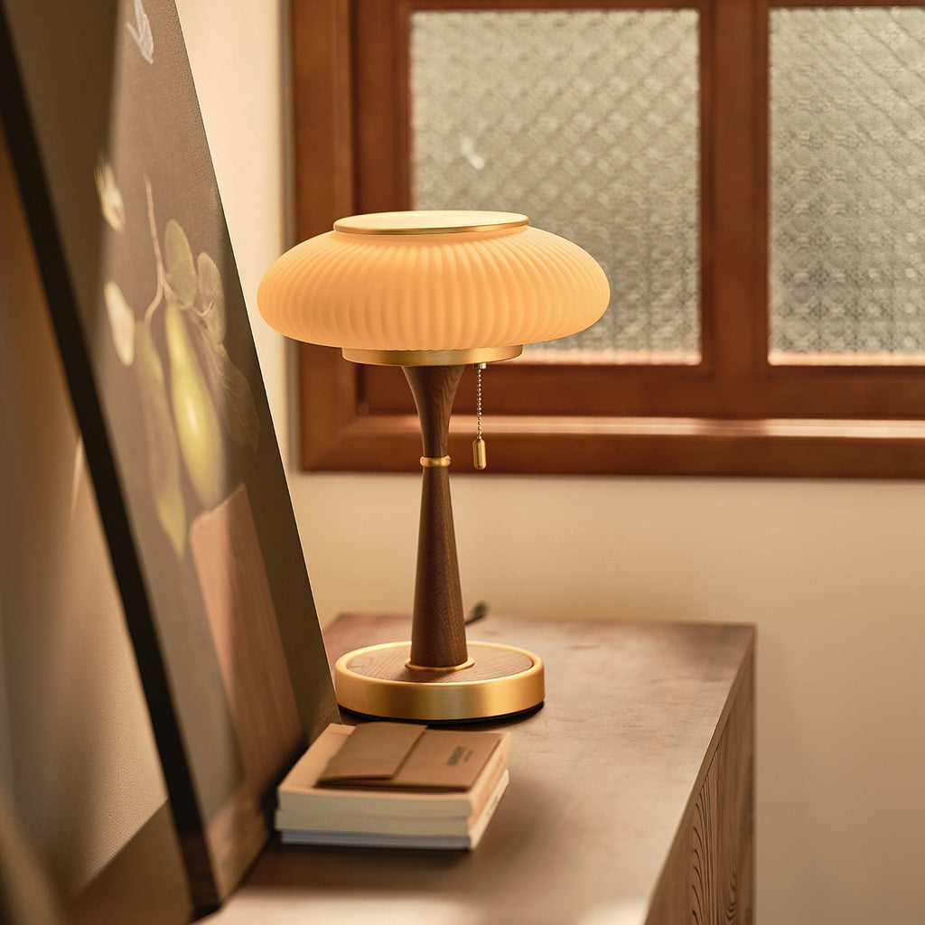 Mushroom Inspired Bedside Lamp Metal Glass Amber Finish 2