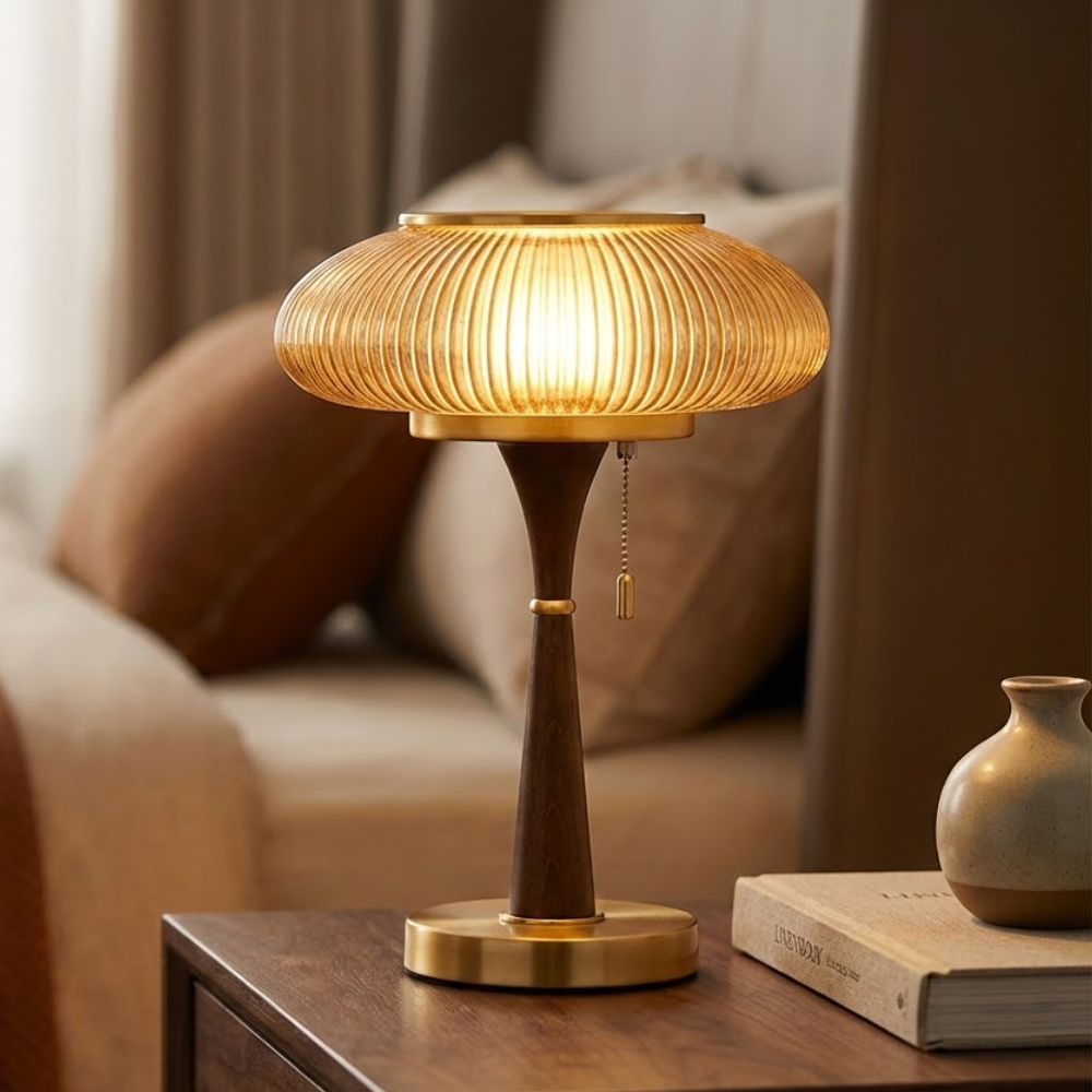 Mushroom Inspired Bedside Lamp Metal Glass Amber Finish 99
