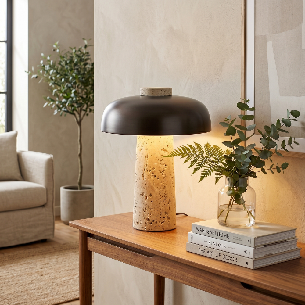 Natural Elegance Table Lamp Yellow Travertine Black Shade 88
