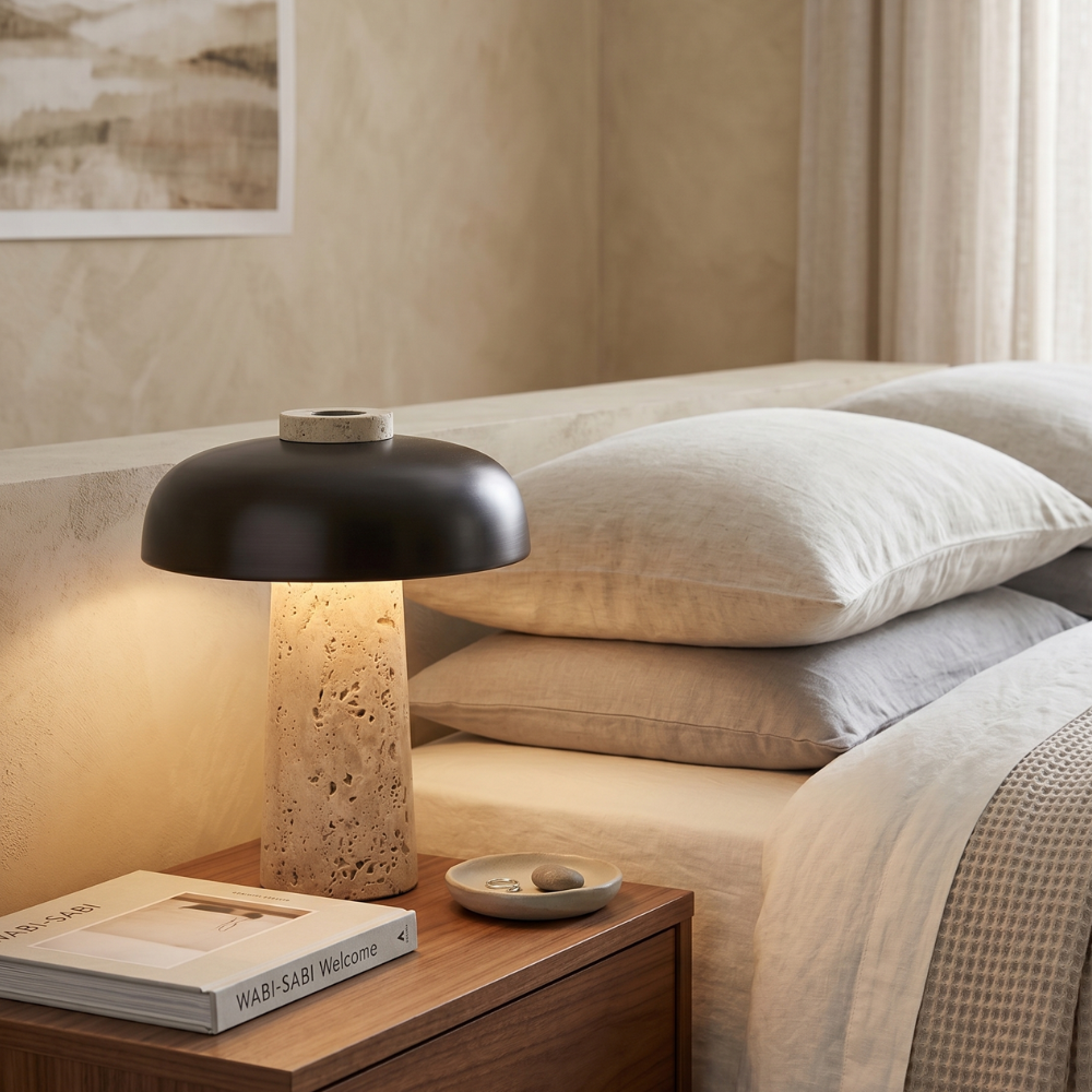 Natural Elegance Table Lamp Yellow Travertine Black Shade 89