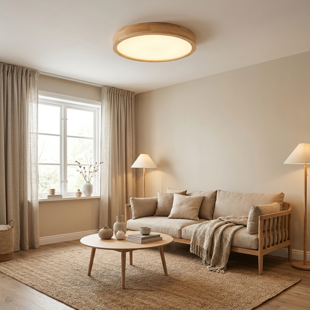 Natural Wood Flush Mount Ceiling Light Round Frosted Acrylic Dimmable Scandinavian Living Room Kitchen Home Decor - Stack & Clear 0