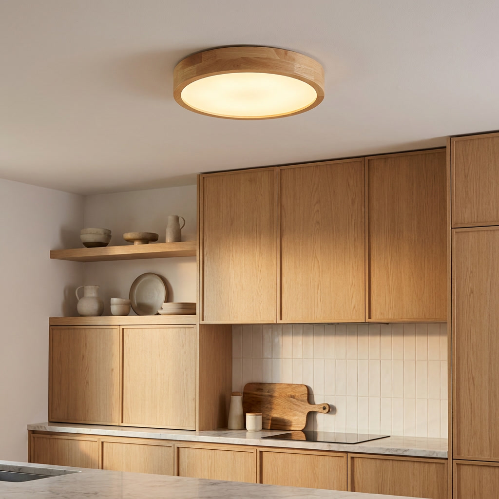 Natural Wood Flush Mount Ceiling Light Round Frosted Acrylic Dimmable Scandinavian Living Room Kitchen Home Decor - Stack & Clear 1