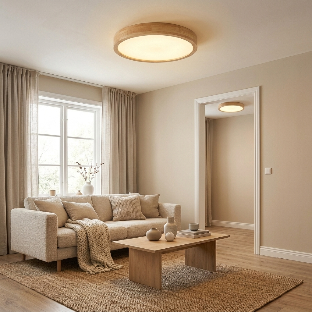 Natural Wood Flush Mount Ceiling Light Round Frosted Acrylic Dimmable Scandinavian Living Room Kitchen Home Decor - Stack & Clear 10
