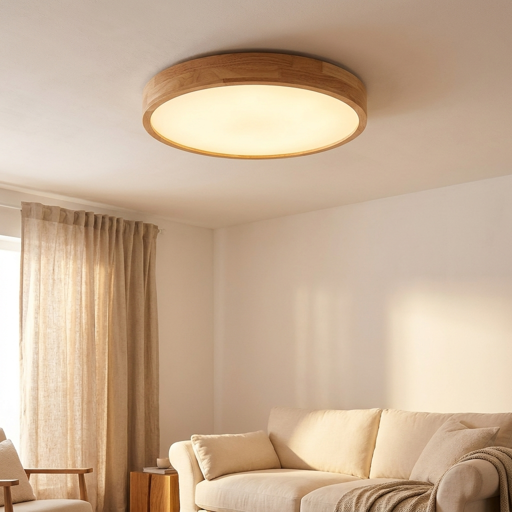 Natural Wood Flush Mount Ceiling Light Round Frosted Acrylic Dimmable Scandinavian Living Room Kitchen Home Decor - Stack & Clear 2