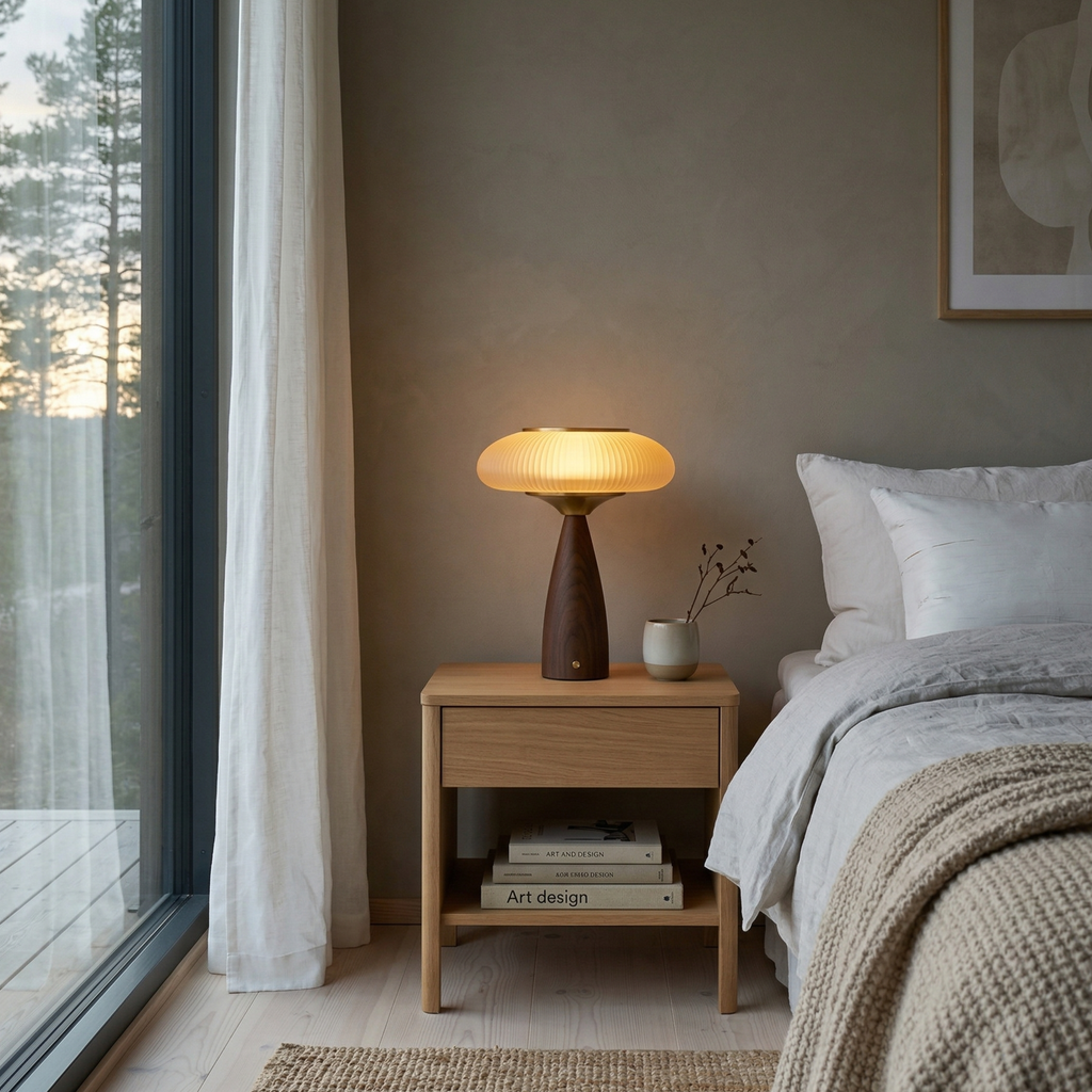 Natural Wood Touch Control Bedside Lamp Amber Shade 99
