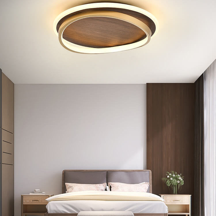 Nordic Minimalist Circular LED Flush Mount Ceiling Light Fixture in Walnut Grain Finish – Energy Efficient, Modern Design, Multiple Sizes Available 0