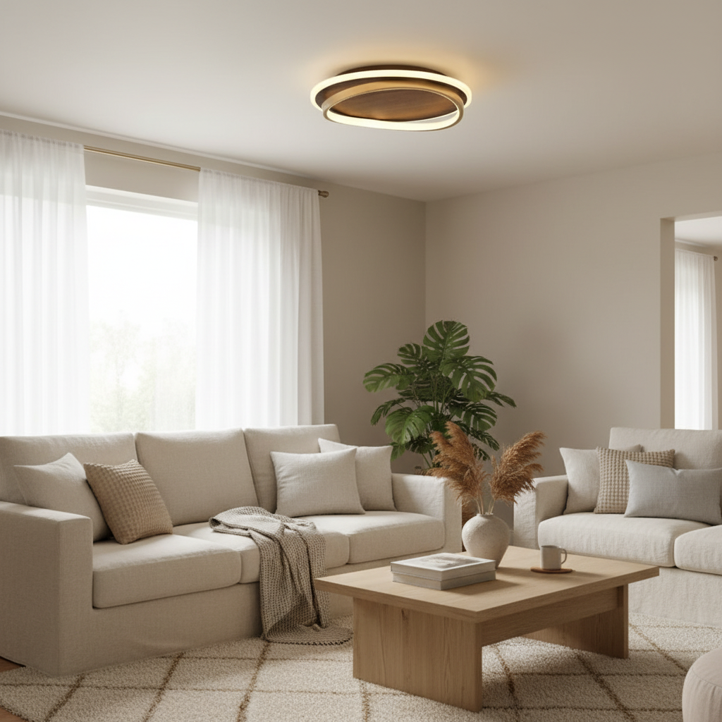 Nordic Minimalist Circular LED Flush Mount Ceiling Light Fixture in Walnut Grain Finish – Energy Efficient, Modern Design, Multiple Sizes Available 10