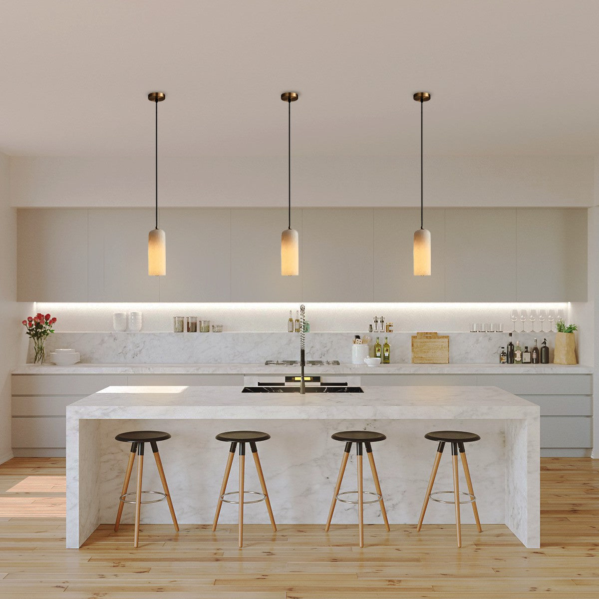 Nordic Modern Pendant Light with Alabaster Shade and Brass Details for Kitchen Island Lighting 1