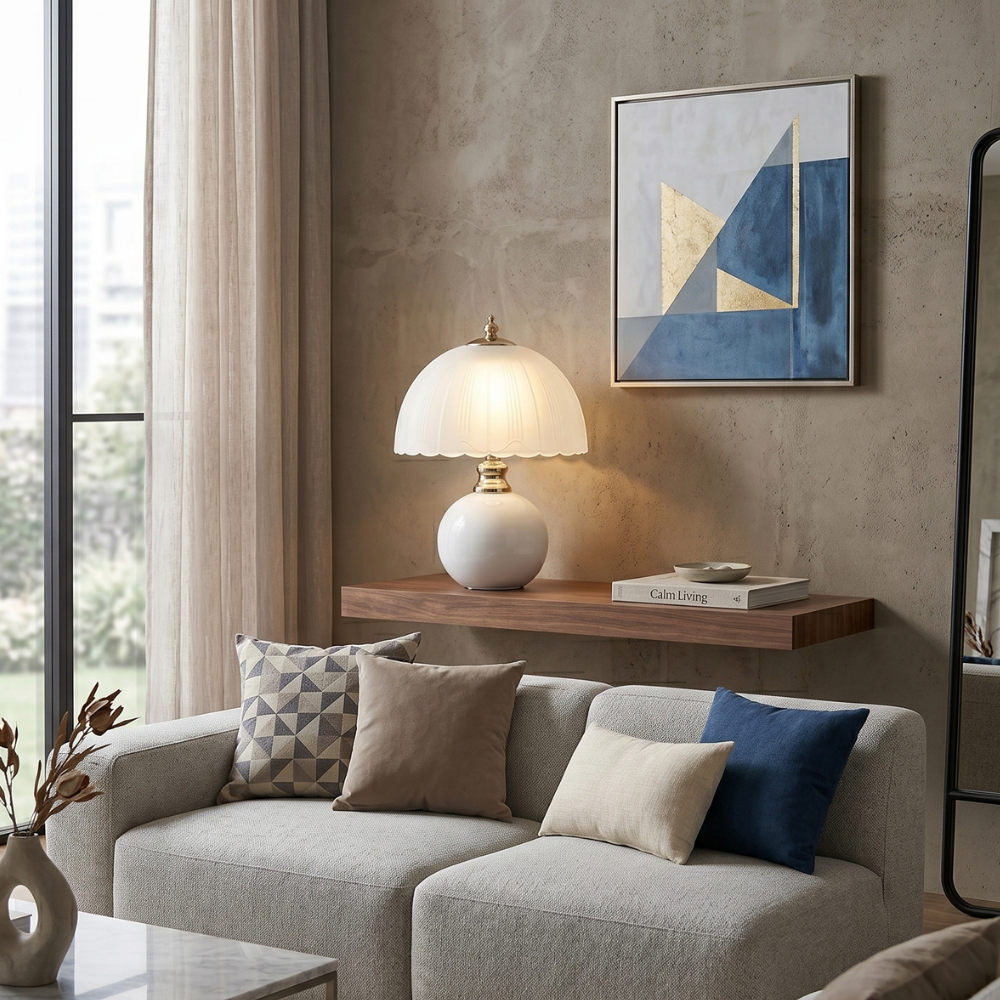 Nordic Style Half Dome Table Lamp with Ceramic and Glass Shade – Modern Bedside or Desk Lamp for Bedroom 87