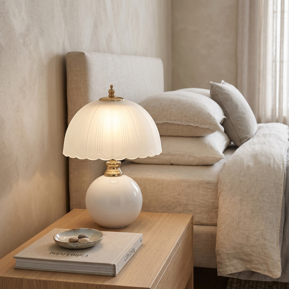 Nordic Style Half Dome Table Lamp with Ceramic and Glass Shade – Modern Bedside or Desk Lamp for Bedroom 89