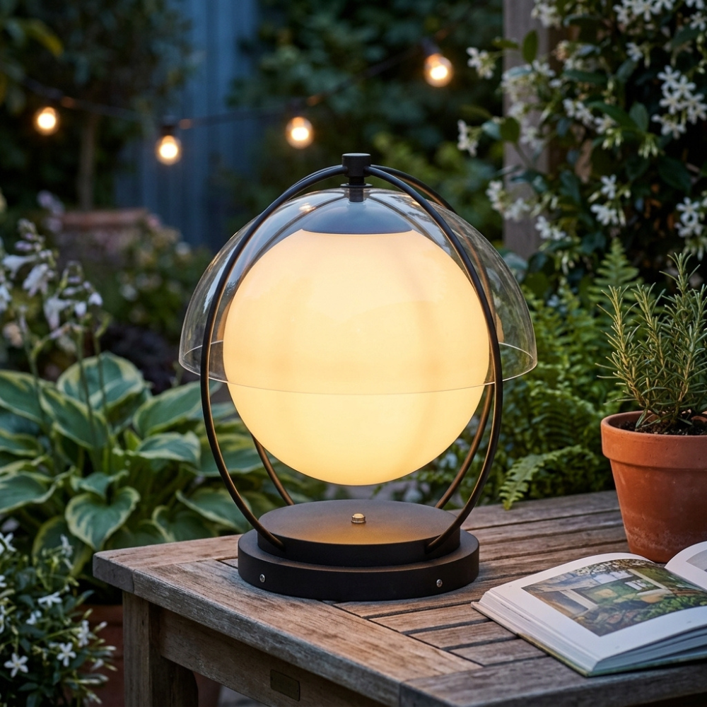 Outdoor Globe Table Lamp Black Metal Frame LED Waterproof IP65 Patio Garden Home Decor - Stack & Clear 98
