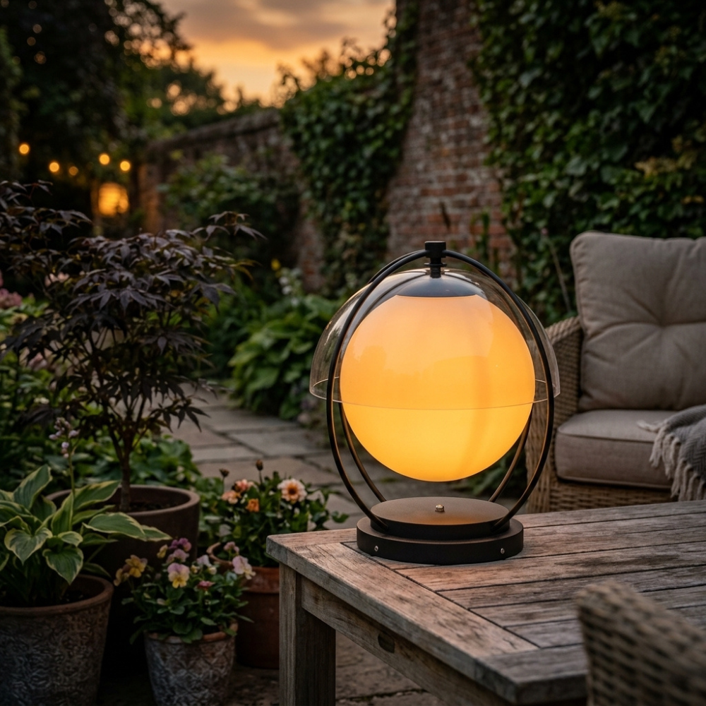 Outdoor Globe Table Lamp Black Metal Frame LED Waterproof IP65 Patio Garden Home Decor - Stack & Clear 99