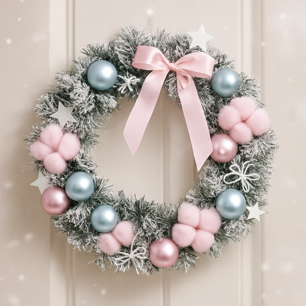 Pastel Pink and Blue Christmas Wreath – 15.7 in Decorative Door Accent for Festive Home Decor 0