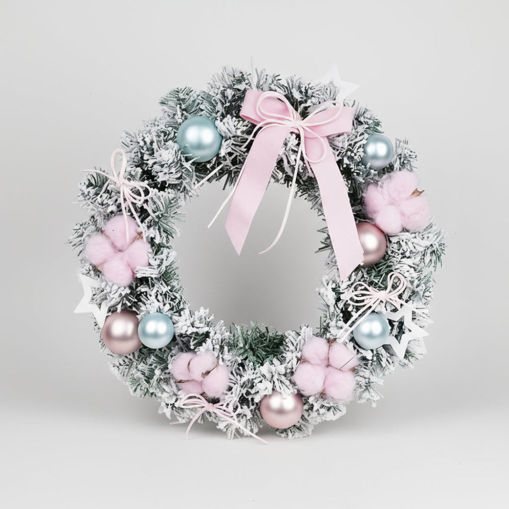 Pastel Pink and Blue Christmas Wreath – 15.7 in Decorative Door Accent for Festive Home Decor 1