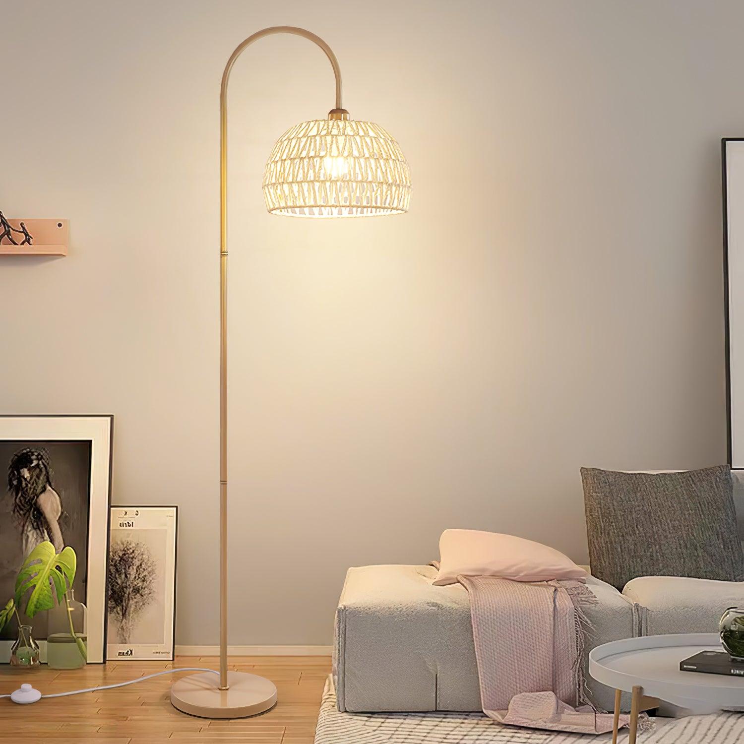 Rattan Arc Floor Lamp with Beige Finish for Modern Indoor Lighting 7