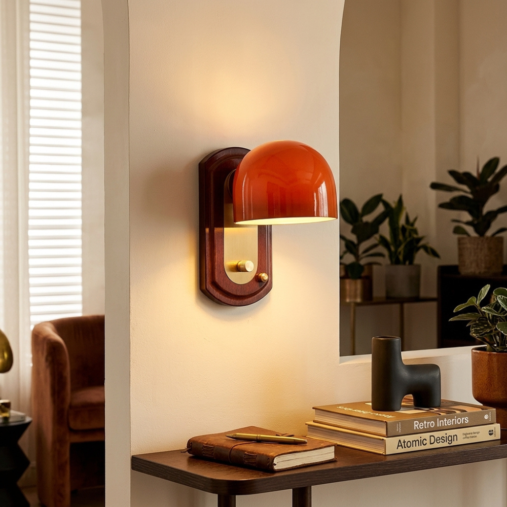 Red Glass Dome Wall Sconce Gold Metal Bauhaus Vintage Bedroom Living Room Home Decor - Stack & Clear 998