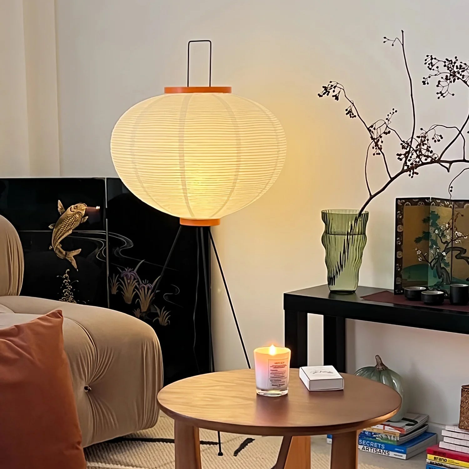 Rice Paper Floor Lamp Tripod Japandi Lantern Shade Living Room Home Decor - Stack & Clear 8