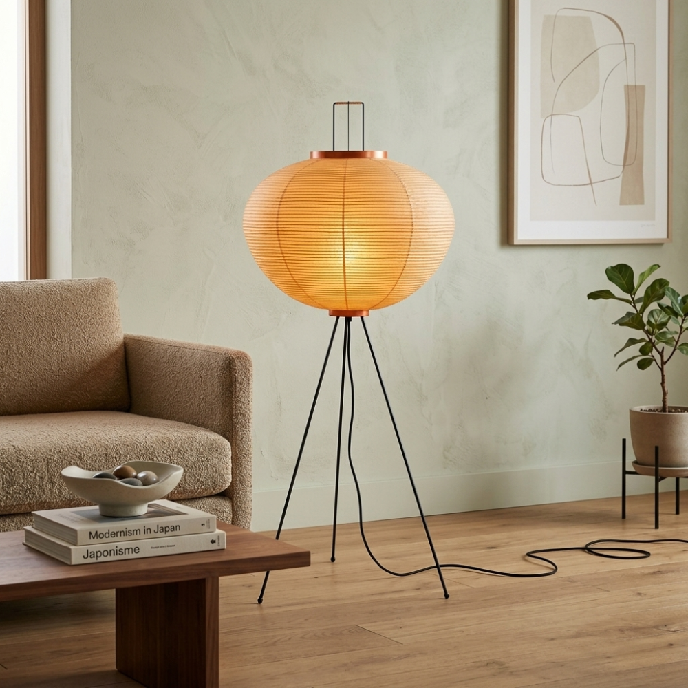 Rice Paper Floor Lamp Tripod Japandi Lantern Shade Living Room Home Decor - Stack & Clear 998