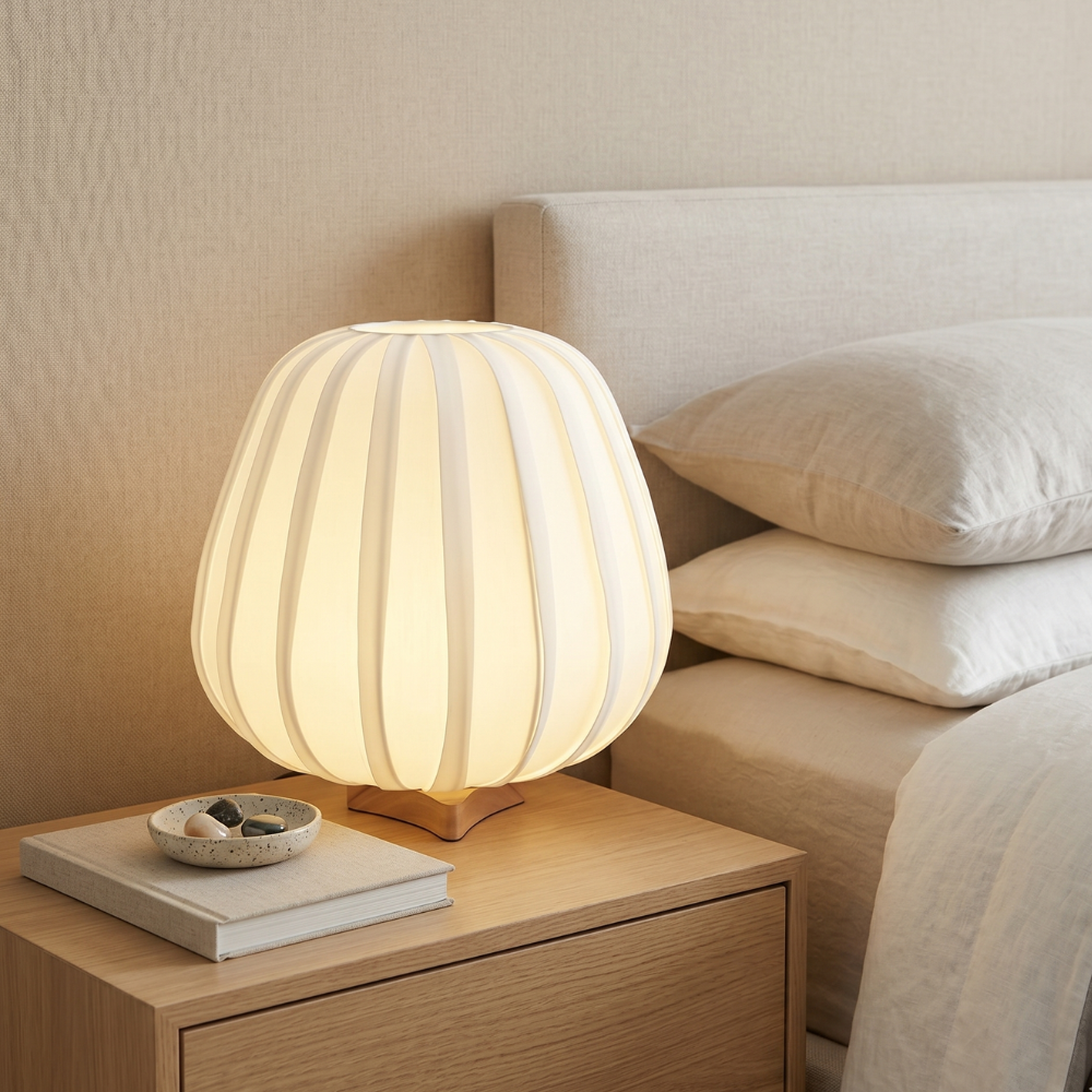 Rice Paper Table Lamp Wood Base Japandi Lantern Shade Bedside Living Room Home Decor - Stack & Clear 99