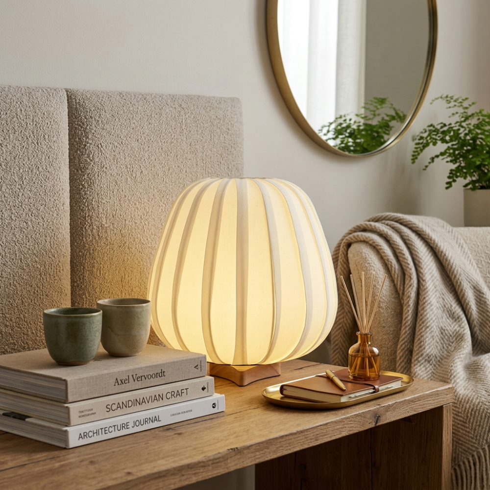 Rice Paper Table Lamp Wood Base Japandi Lantern Shade Bedside Living Room Home Decor - Stack & Clear 997