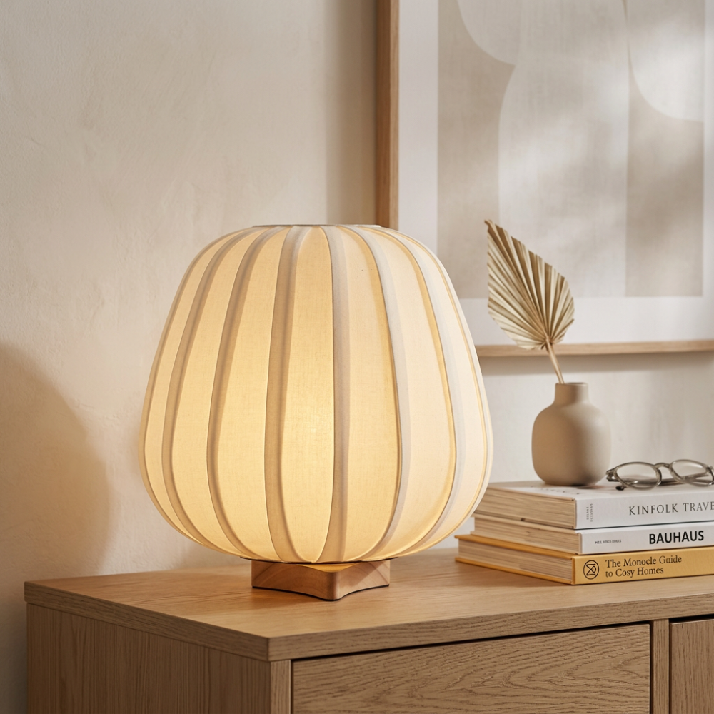 Rice Paper Table Lamp Wood Base Japandi Lantern Shade Bedside Living Room Home Decor - Stack & Clear 998
