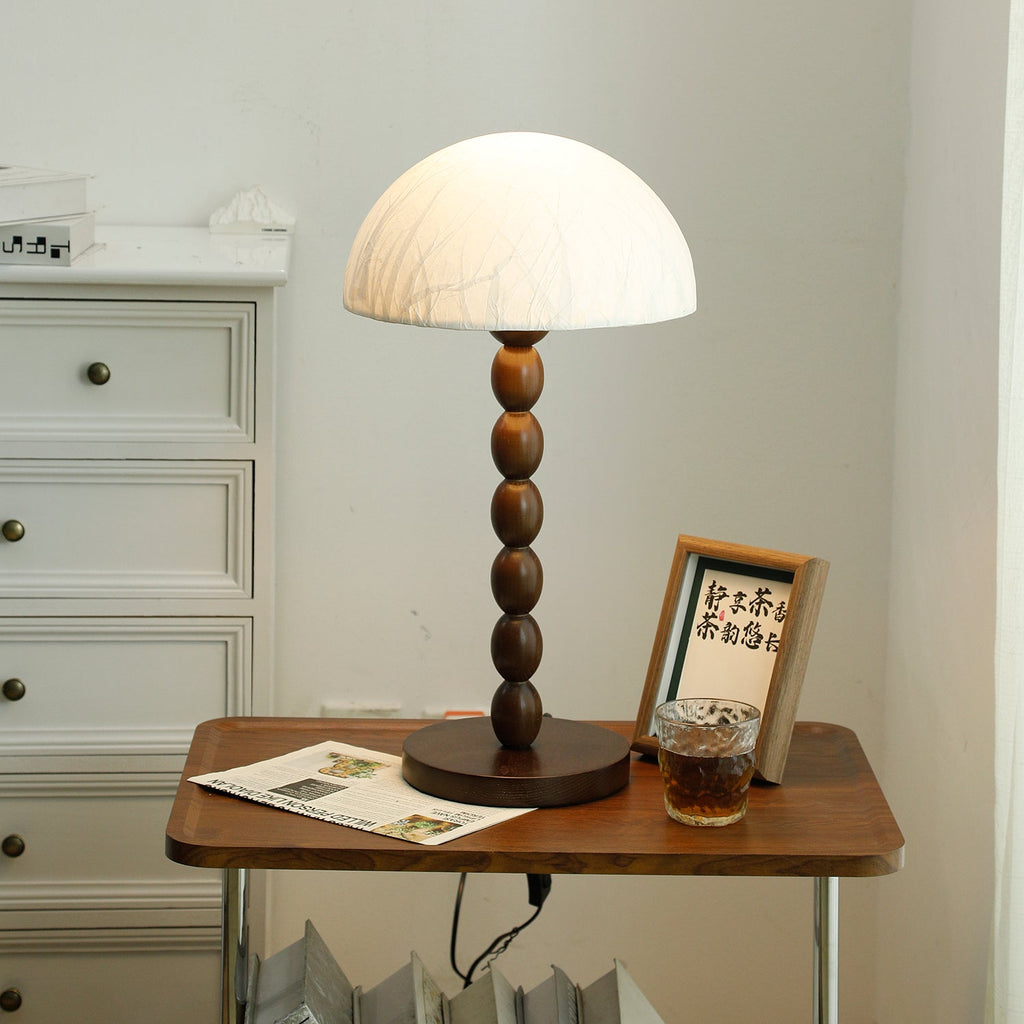 Rice Paper Table Lamp Beaded Wood Base Dome Shade Japandi Bedside Living Room Home Decor - Stack & Clear 1