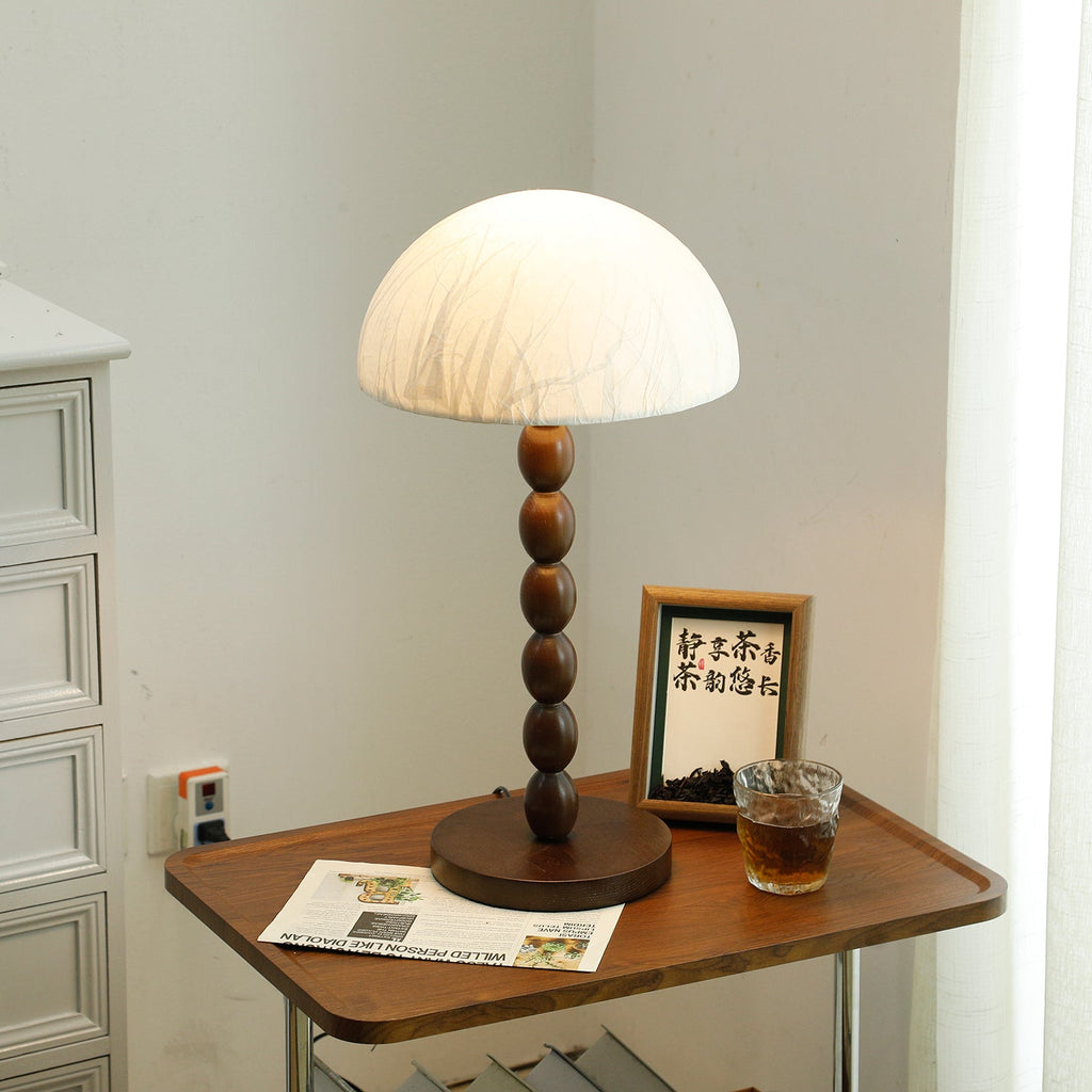 Rice Paper Table Lamp Beaded Wood Base Dome Shade Japandi Bedside Living Room Home Decor - Stack & Clear 2