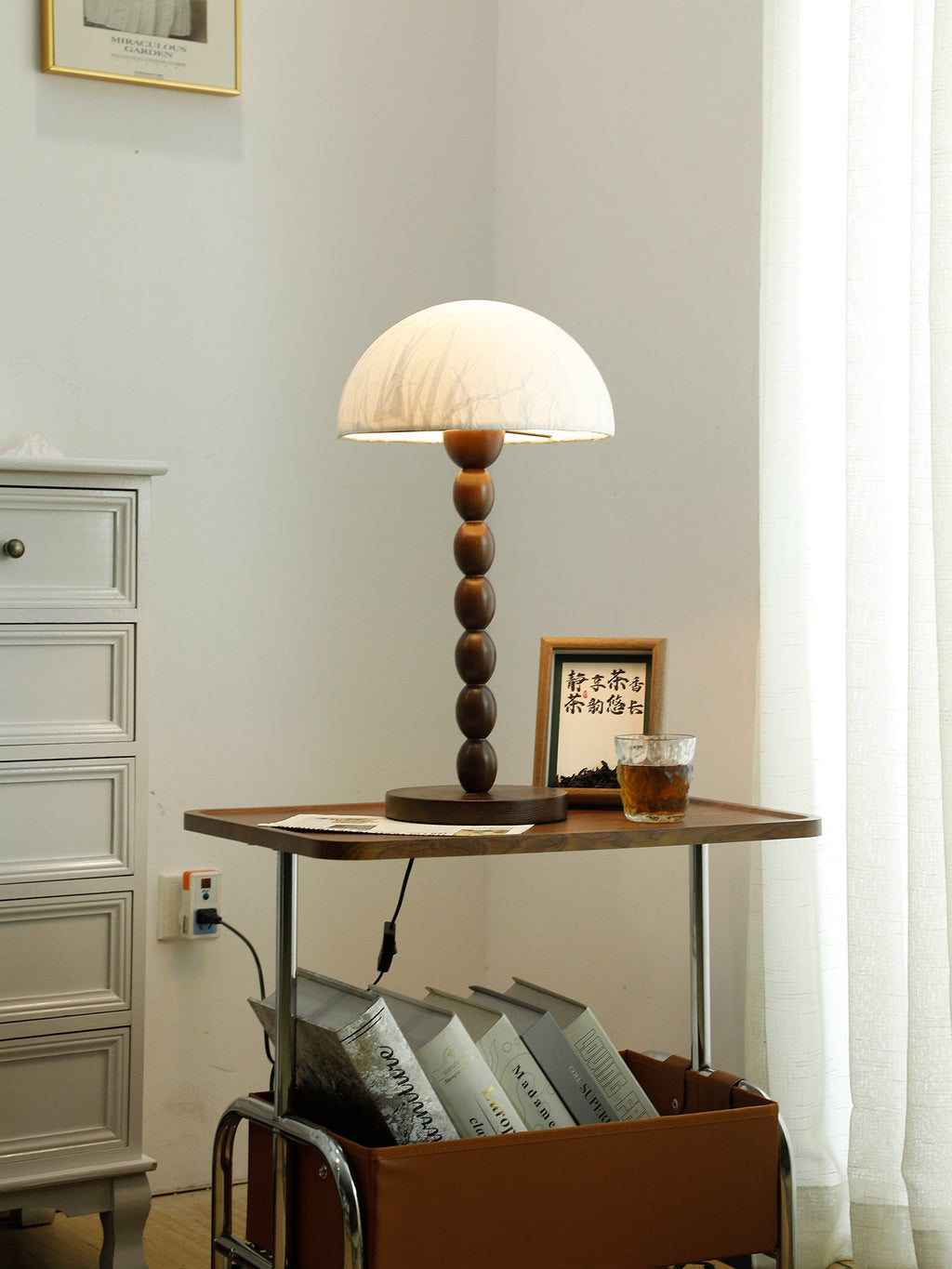 Rice Paper Table Lamp Beaded Wood Base Dome Shade Japandi Bedside Living Room Home Decor - Stack & Clear 4