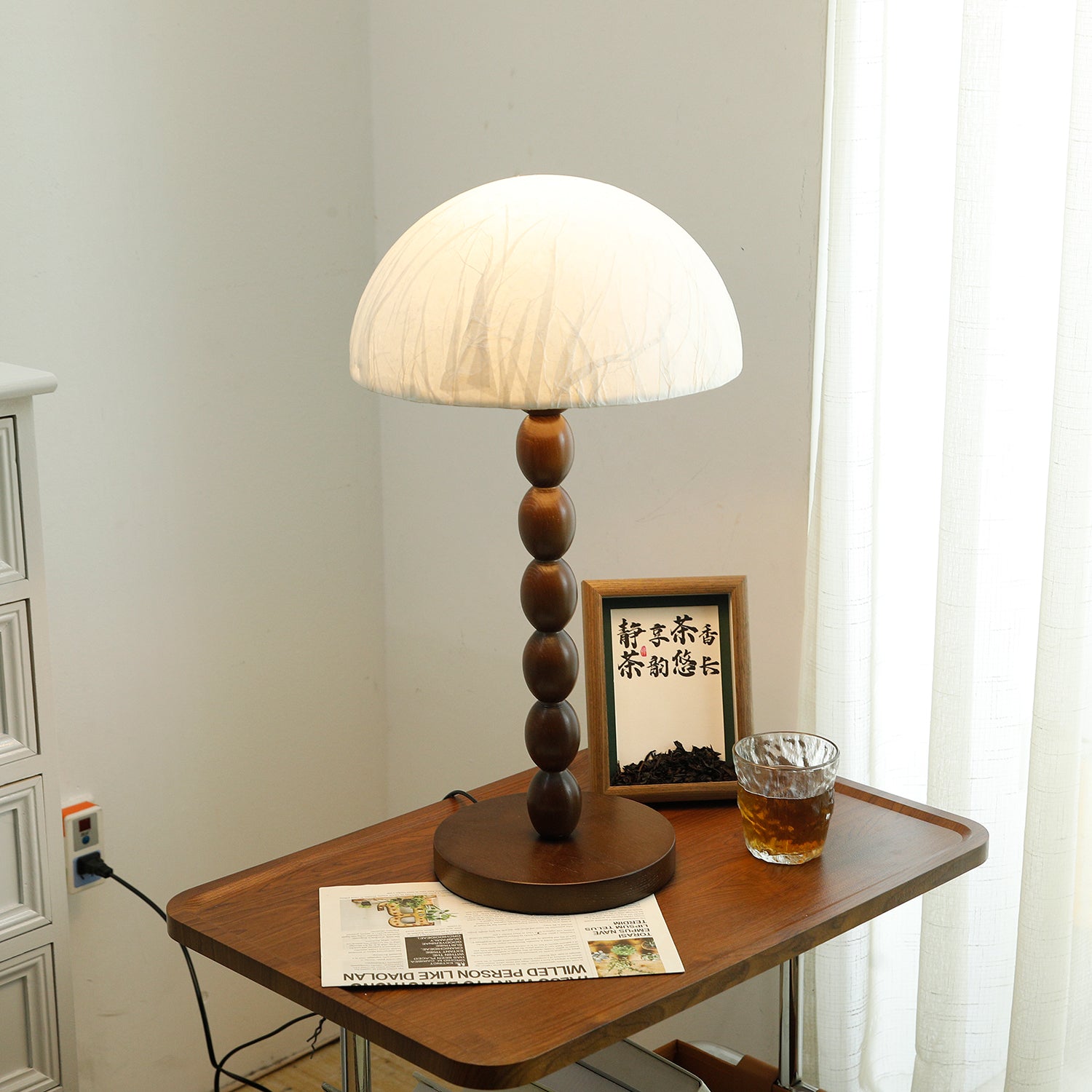 Rice Paper Table Lamp Beaded Wood Base Dome Shade Japandi Bedside Living Room Home Decor - Stack & Clear 5