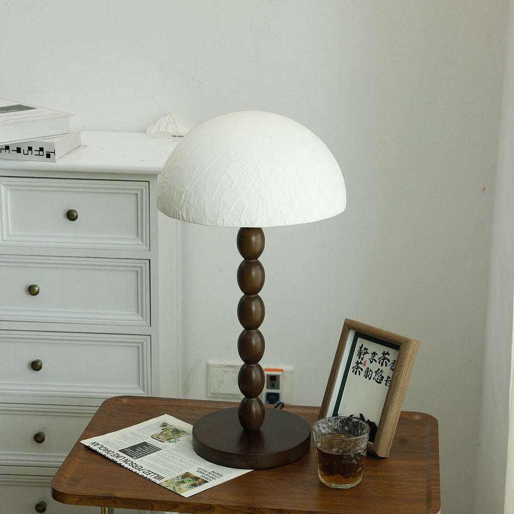 Rice Paper Table Lamp Beaded Wood Base Dome Shade Japandi Bedside Living Room Home Decor - Stack & Clear 6