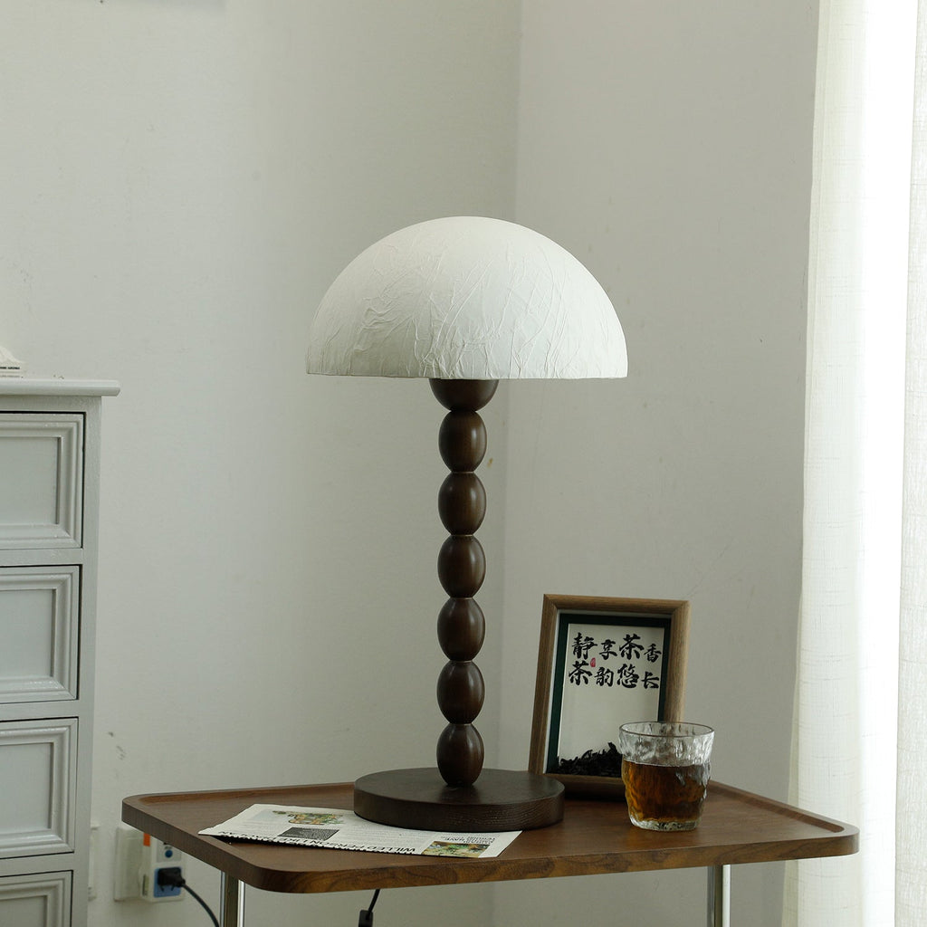 Rice Paper Table Lamp Beaded Wood Base Dome Shade Japandi Bedside Living Room Home Decor - Stack & Clear 8