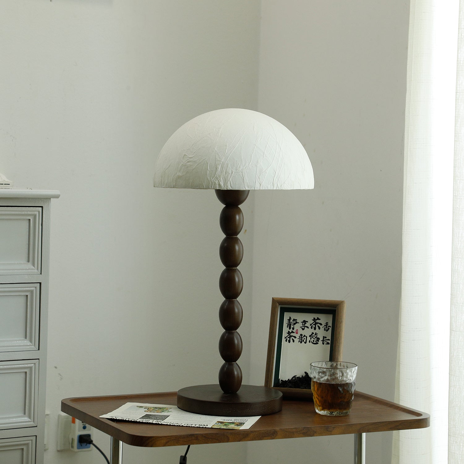 Rice Paper Table Lamp Beaded Wood Base Dome Shade Japandi Bedside Living Room Home Decor - Stack & Clear 8