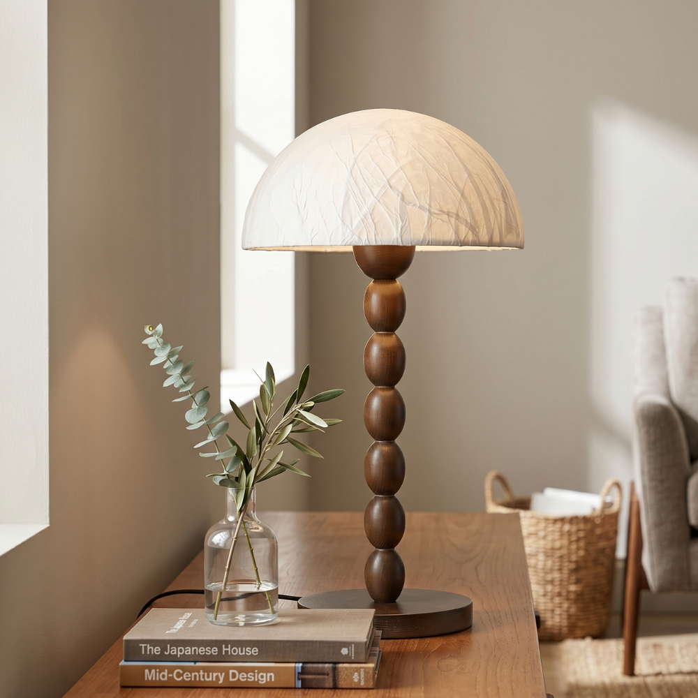 Rice Paper Table Lamp Beaded Wood Base Dome Shade Japandi Bedside Living Room Home Decor - Stack & Clear 99