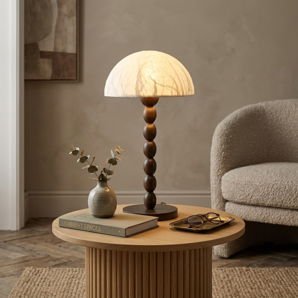 Rice Paper Table Lamp Beaded Wood Base Dome Shade Japandi Bedside Living Room Home Decor - Stack & Clear 997