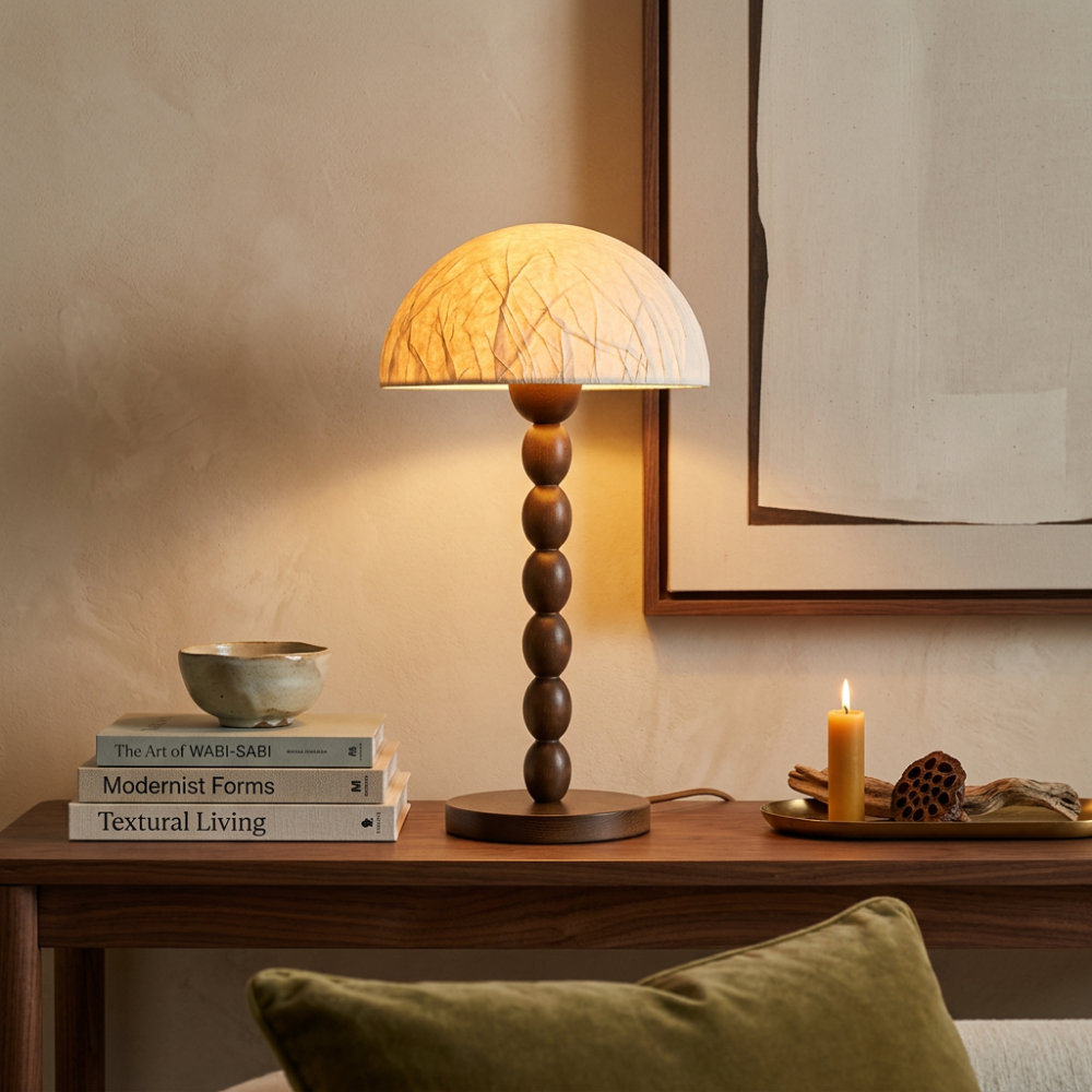 Rice Paper Table Lamp Beaded Wood Base Dome Shade Japandi Bedside Living Room Home Decor - Stack & Clear 998