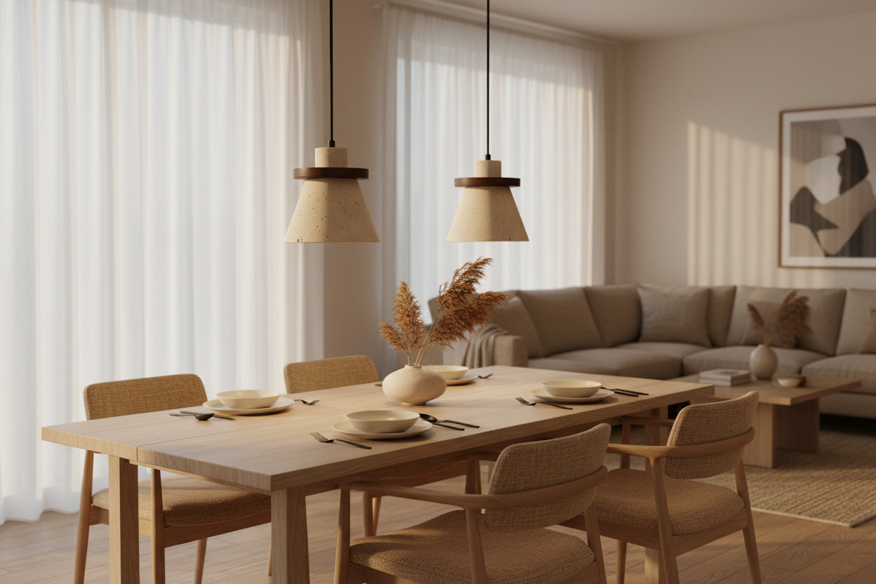 Ring Pendant Light in Yellow Travertine and Wood – Indoor Ceiling Light Fixture 6