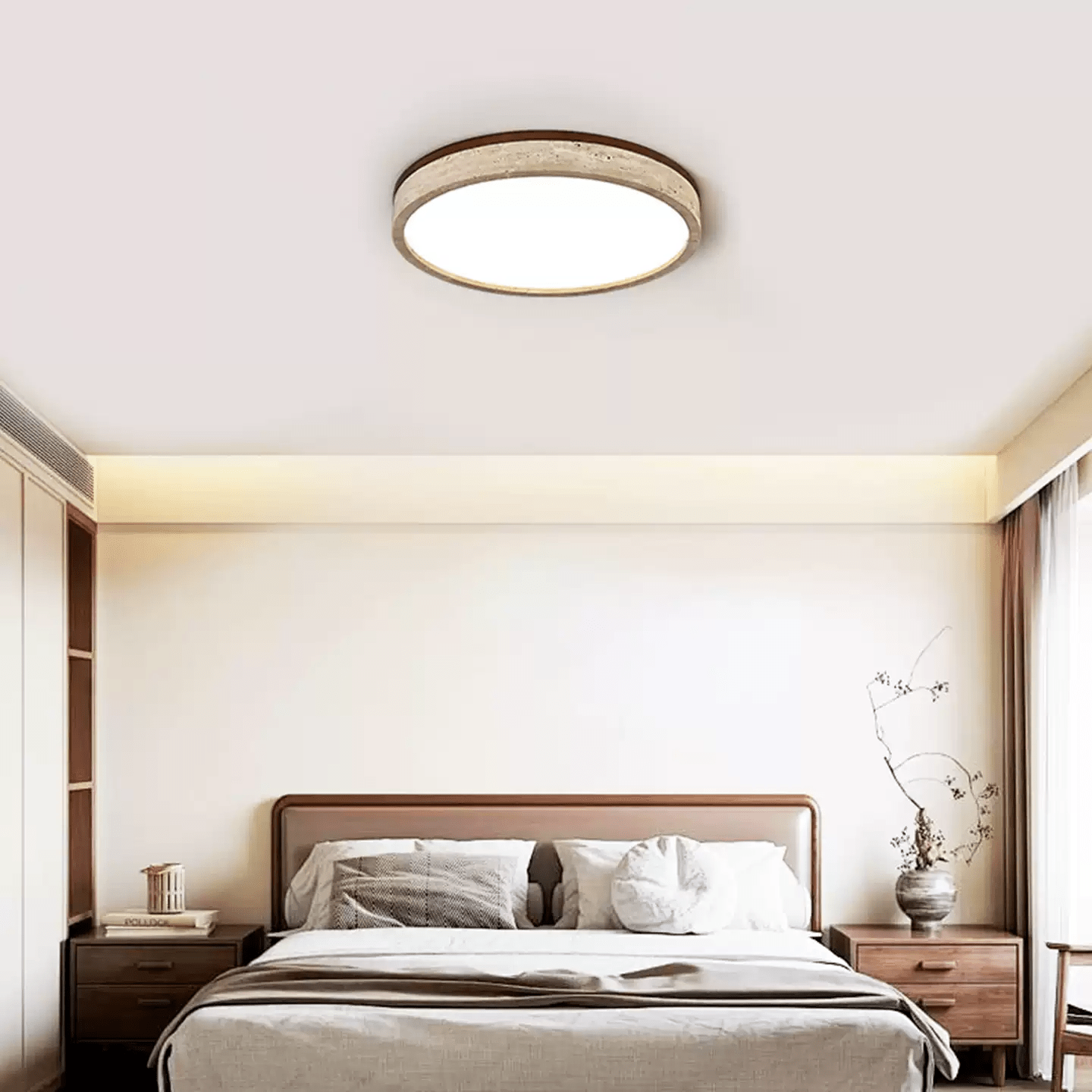 Round Flush Mount Ceiling Light with Yellow Travertine Frame – LED Fixture for Modern Interiors 1