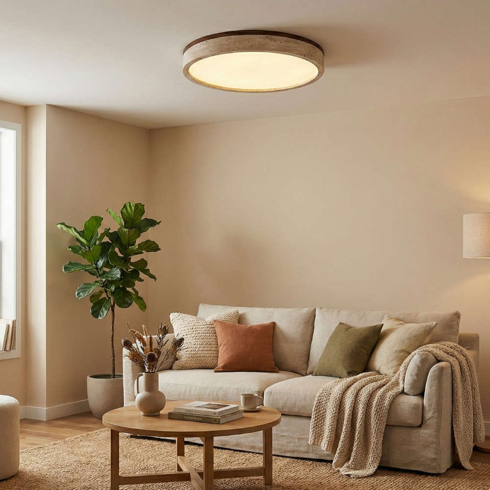 Round Flush Mount Ceiling Light with Yellow Travertine Frame – LED Fixture for Modern Interiors 10