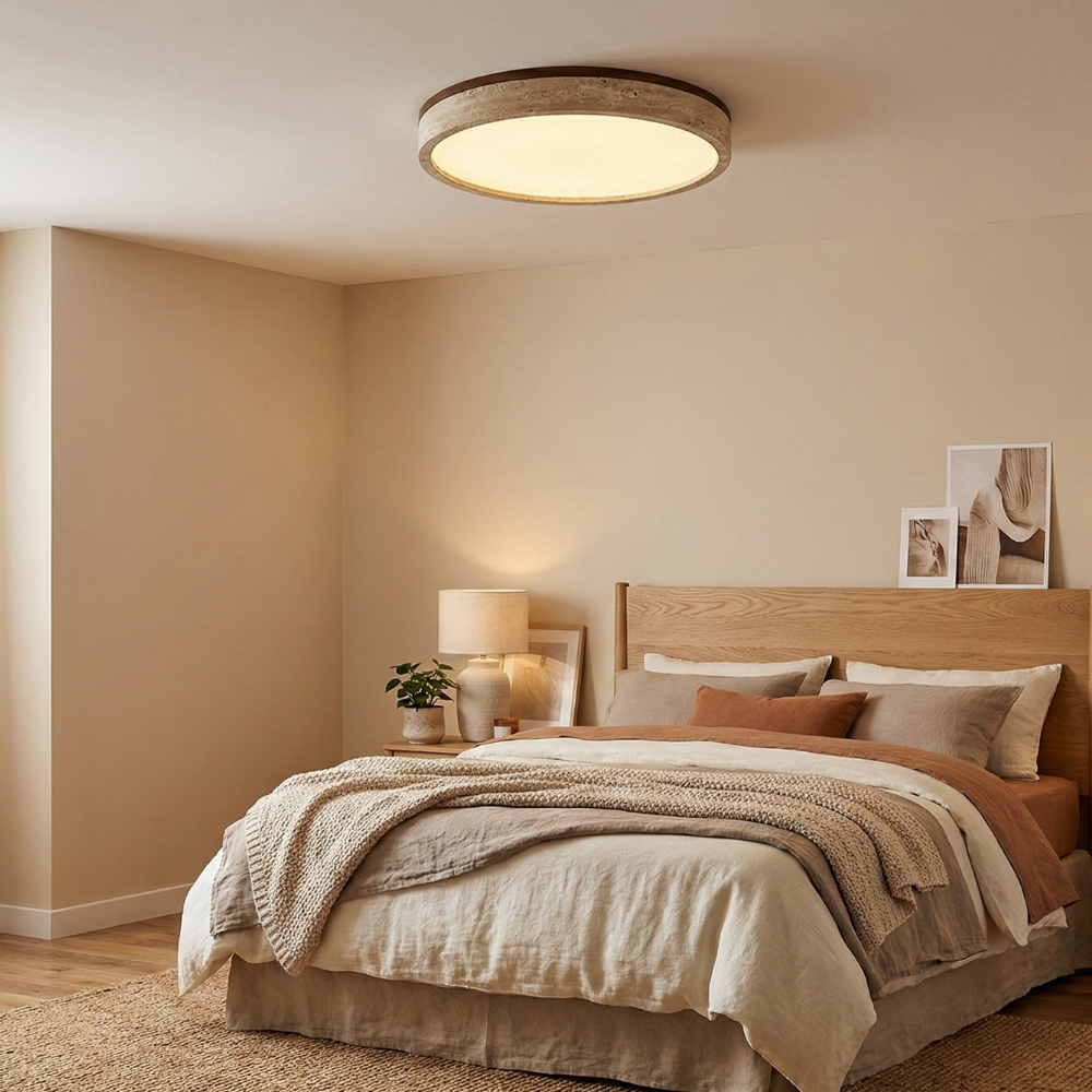 Round Flush Mount Ceiling Light with Yellow Travertine Frame – LED Fixture for Modern Interiors 9