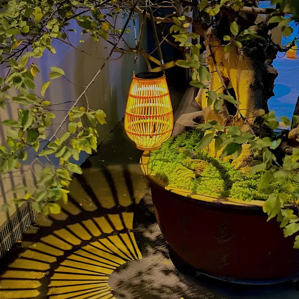 Solar-Powered Woven Lantern with Dusk Sensor – Weather Resistant Indoor and Outdoor Lighting, Warm White LED 5
