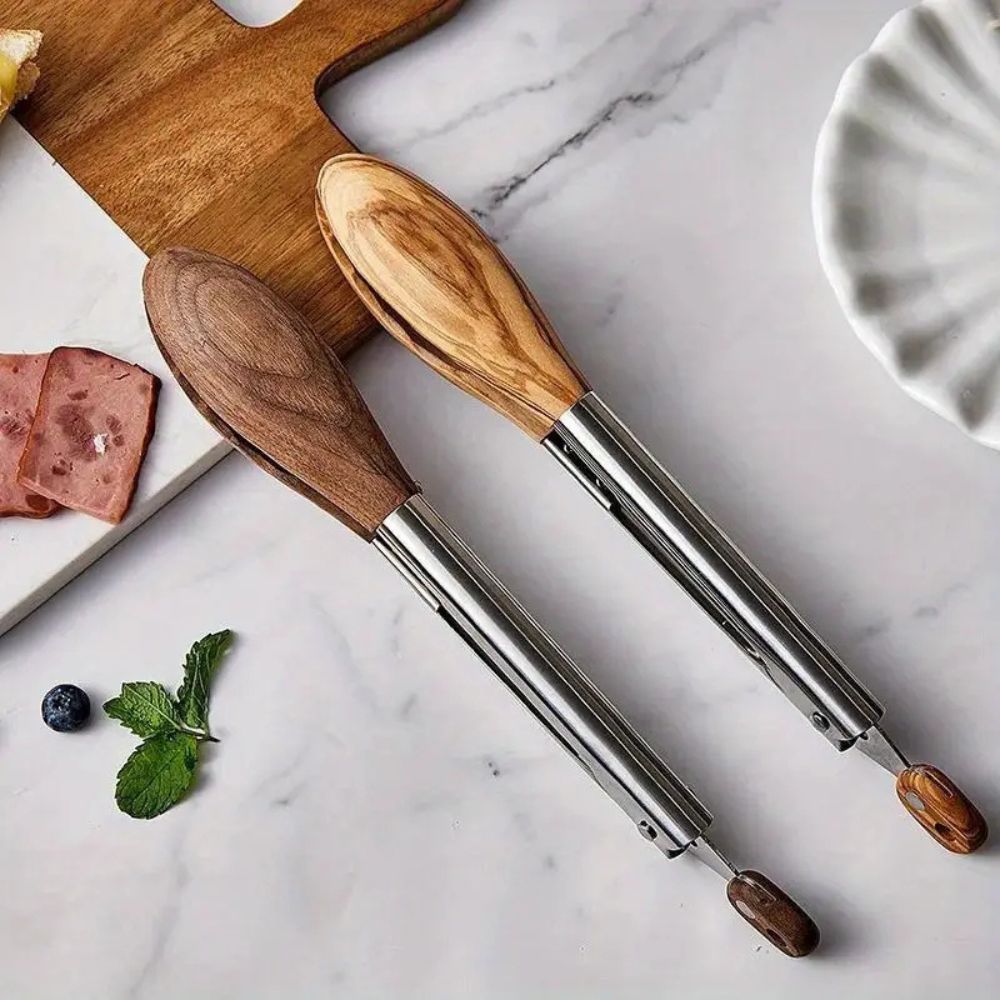 Stainless Steel Kitchen Tongs With Wooden Handle 0