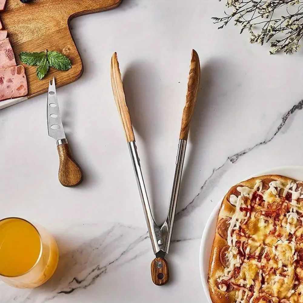 Stainless Steel Kitchen Tongs With Wooden Handle 1