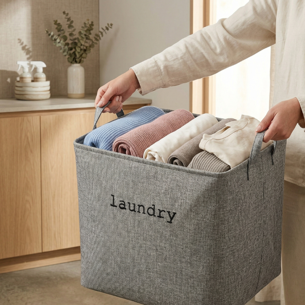 Stylish Foldable Laundry Basket Microfibre Blend 99