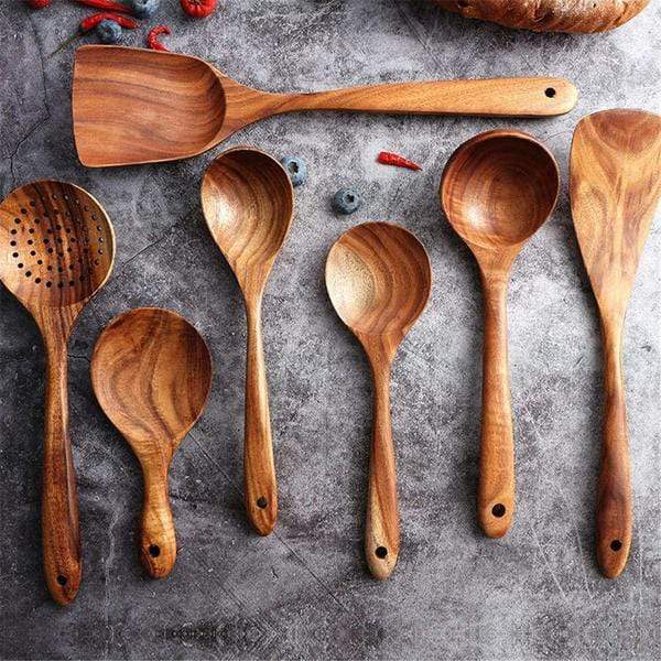 Teak Wooden Utensil Set - 7pc Kitchen Tools 0