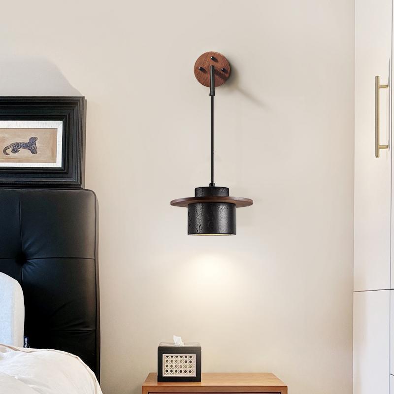 Textured Black Wall Light with Walnut Accent for Indoor Use 2