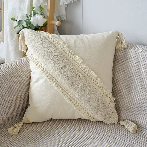 Textured Decorative Throw Pillow with Fringes – Stylish Couch Cushion for Sofa, Chair, or Bed 0