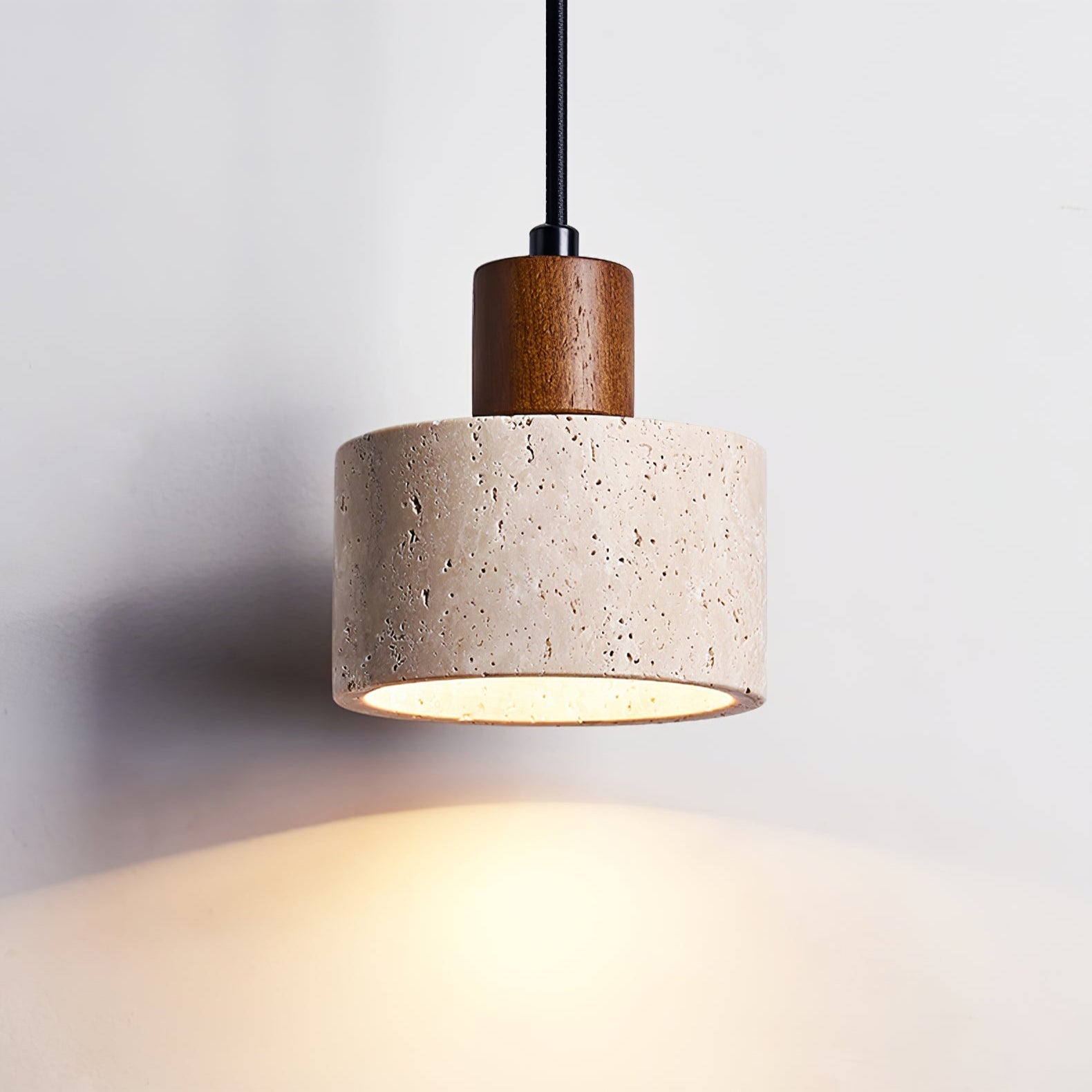 Travertine & Walnut Wood Pendant Light Natural Stone Shade Hanging Lamp 0