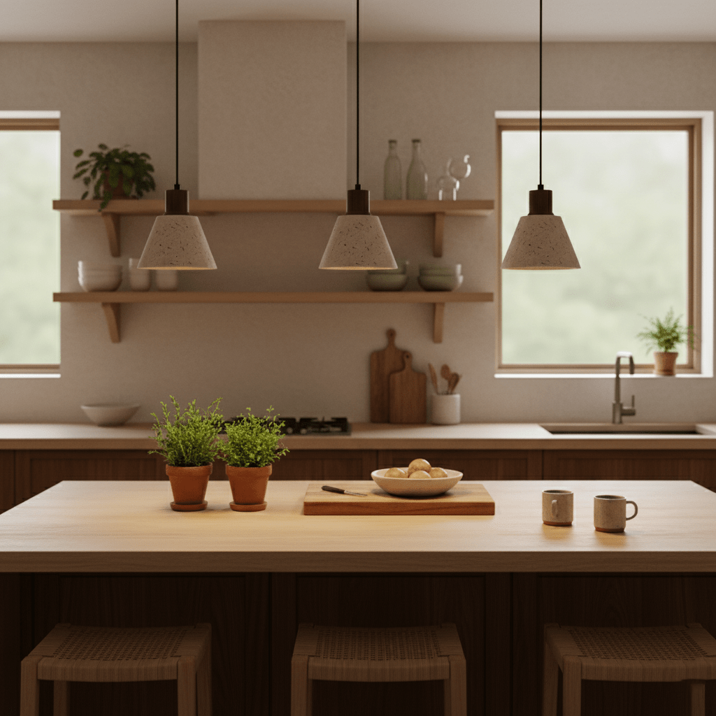 Travertine & Walnut Wood Pendant Light Natural Stone Shade Hanging Lamp 3