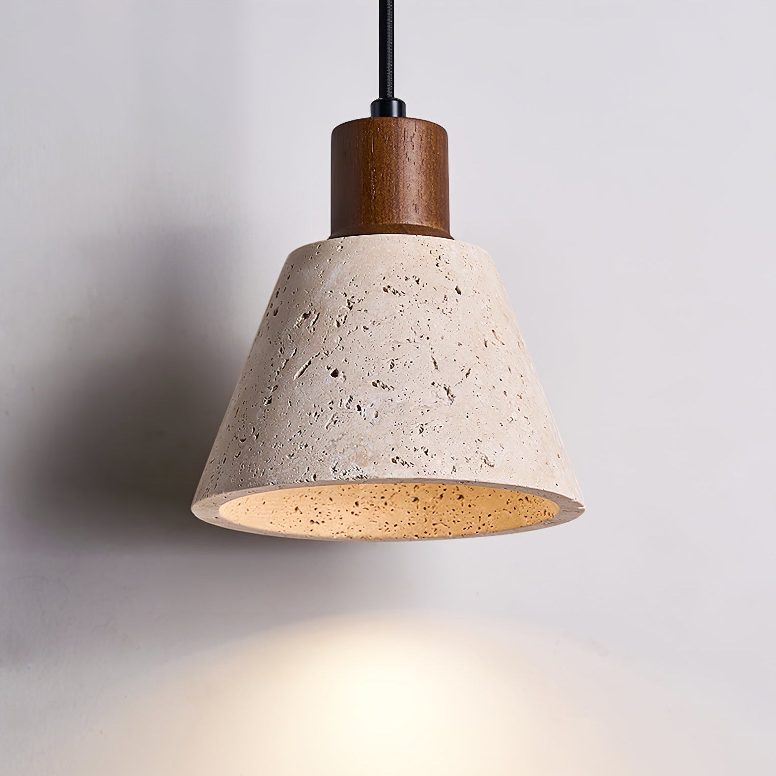 Travertine & Walnut Wood Pendant Light Natural Stone Shade Hanging Lamp 9